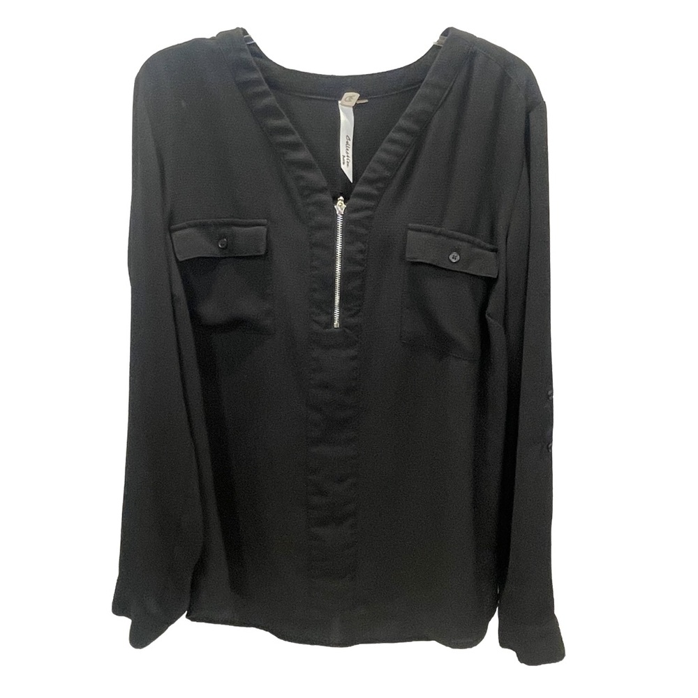 NY Collection Petite Black V-Neck Women's Top Size L Petite